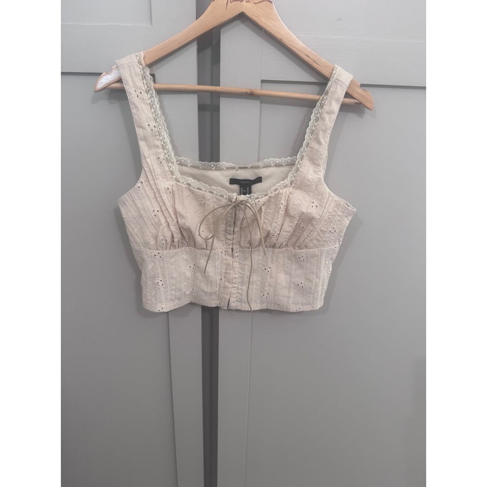 Forever 21 Cream Eyelet Lace Trim Cropped Cami Top Cottagecore Boho Medium
